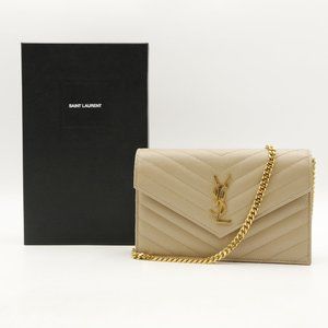 New in Box Saint Laurent Cassandre Matelassé Envelope Chain Wallet Dark Beige